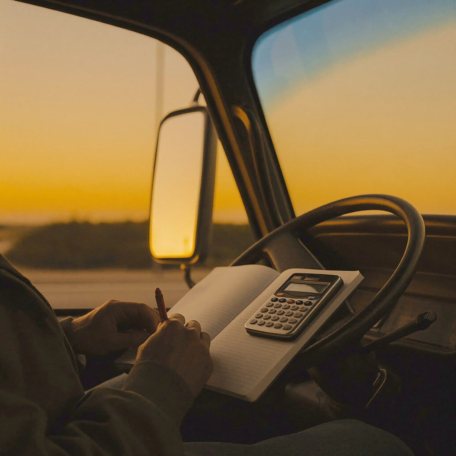 Driver working through numbers in the cab at dusk
