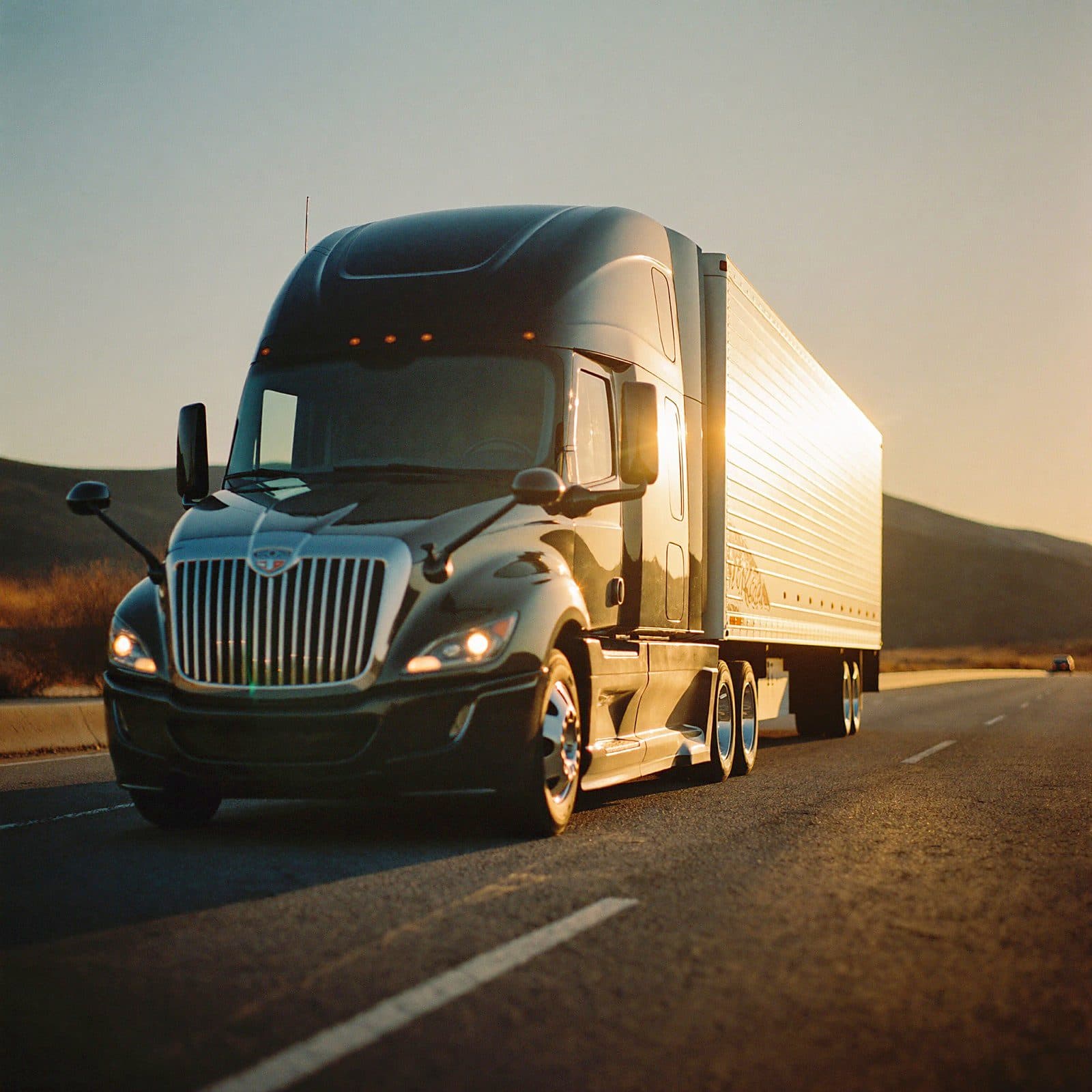 Semi-truck rolling down an open highway at golden hour